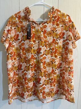 SimpleFun Women's XL Orange Floral Ruffle Mock Neck Blouse NWT Retro Boho Top
